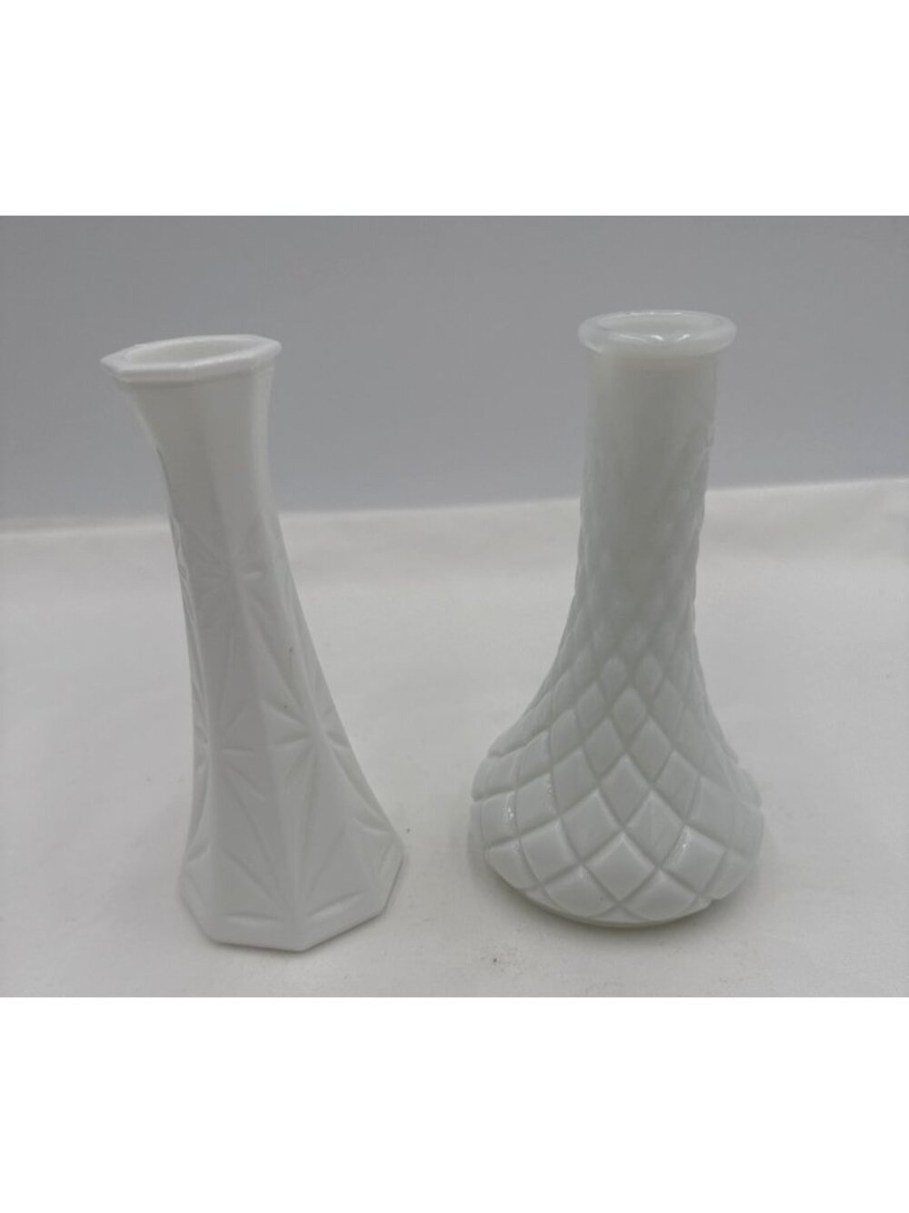 Vtg Hoosier White Milk Glass Bud Vases Geometric & Diamond Patterns 6 Inches Tal